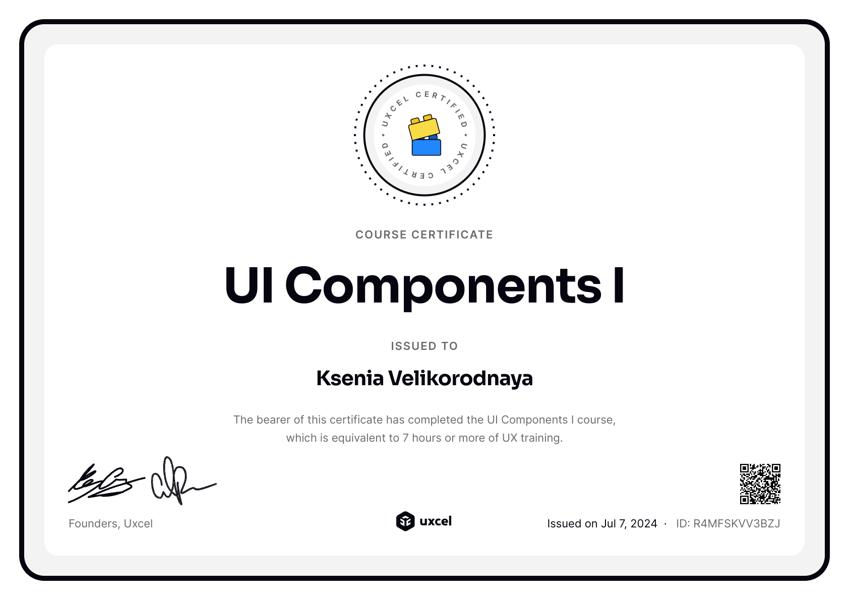 Ksenia Velikorodnaya's certificate